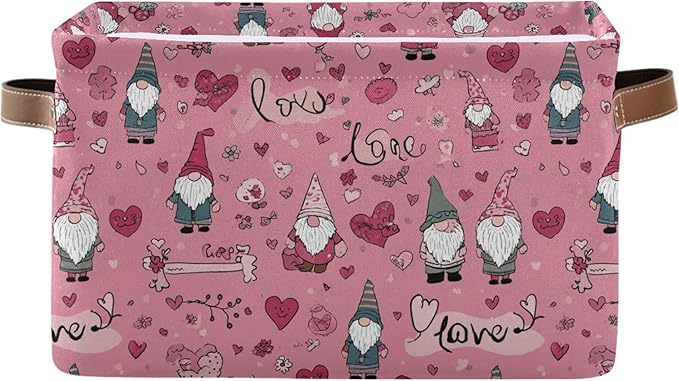 Happy Valentines Day Pink Storage Basket with Waterproof Liner and PU Handles Love Gnome Flowers Gift Storage Bins Boxes 14.2" Collapsible Decorative Organizer Baskets for Bedroom Closet Office 1 Pack