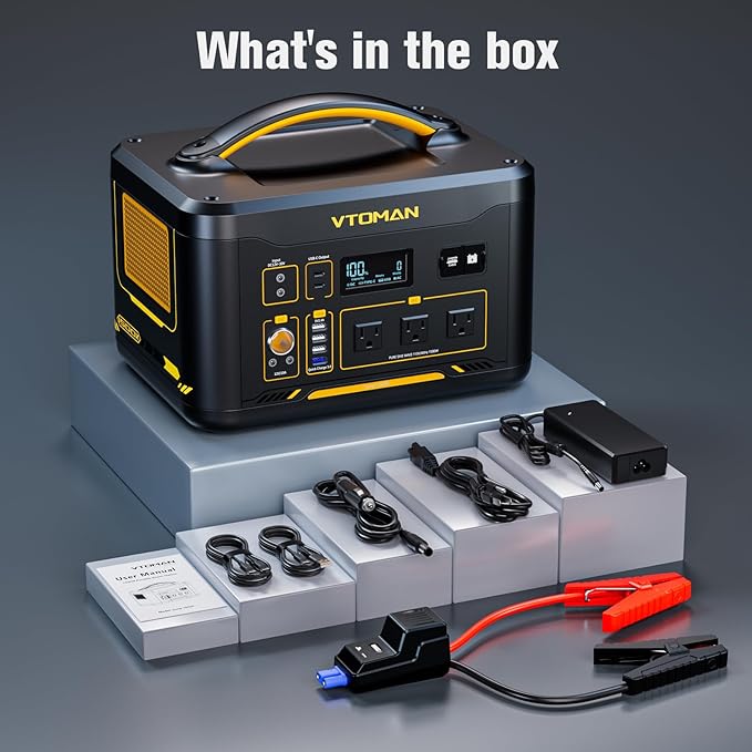 VTOMAN Jump 1500X Portable Power Station with Jumper Cables, 828Wh LiFePO4 Battery Solar Generator & Car Jump Starter, 1500W AC Outlet, 100W PD Type-C&Regulated DC for Home Backup Roadside Emergencies