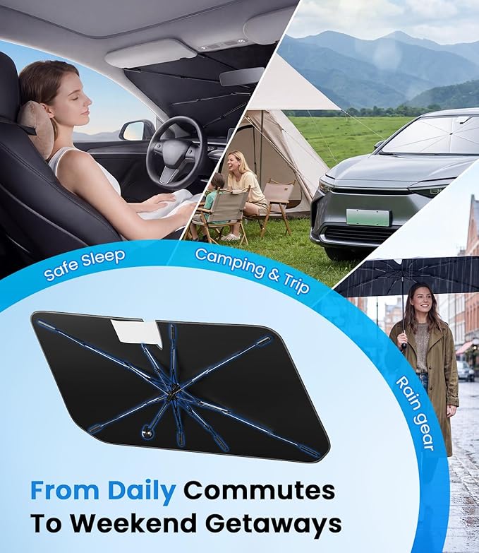 PEMOTech 2026 Upgraded Versatile Car Umbrella Windshield Sun Shade for Four-door sedan and Large | Keep Cool & Protect Interior | Reliable UV Blocker&Heat Shield | Car Window Shades | Medium (57"x32")