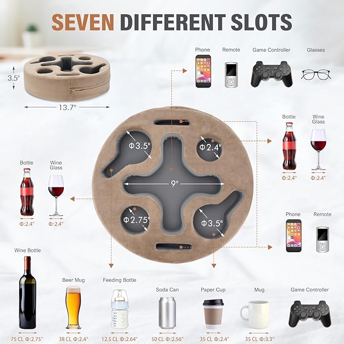 INNO STAGE Couch Cup Holder-Sofa Cup Holder Pillow | Couch Caddy Buddy | Drinks Cupholder Tray Organizer for Bed, Rv, Tv, Car, Man Cave, Boat, Remote, Snacks| Present for Couch Potato(Light Brown)