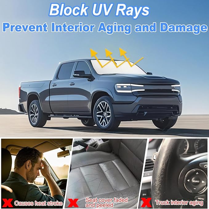 Premium Windshield Sun Shade for 2019-2025 2026 Dodge RAM 1500, Reflective 310T Material Front Window Sun Visor Blocks UV Rays Foldable Sunshade