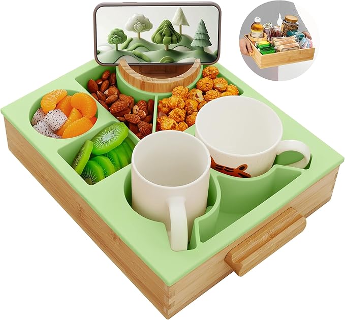Nnewvante Divided Cup Holder Tray, 8 in 1 Serving Tray with Handle for Sofa Bed RV Car Organizer Caddy Movie Night Snack Trays, Bamboo and BPA Free Silicone, Green