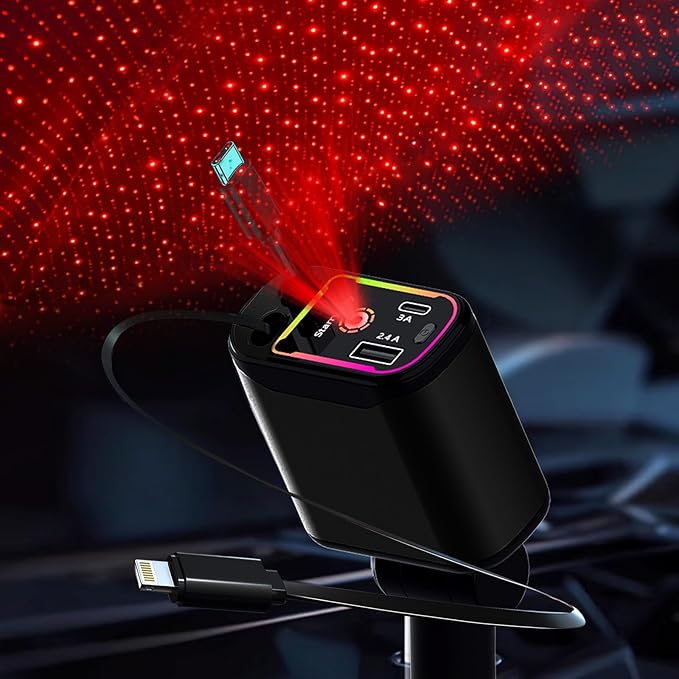 Starlight Retractable Car Charger,66W Fast Car Chargers Adapter 4 in 1 with 2 USB Car Chargers for Phone iPhone 16/15/14/13/12/11 and for Android - Black
