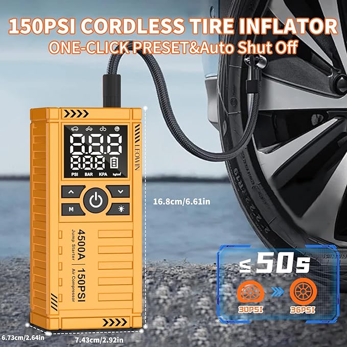 Jump Starter with Air Compressor, Battery Jumper Starter Portable(9.0 Gas/6.5L Diesel) with Tire Inflator, 12V Car Battery Jump Starter with Smart Jumper Cables, LED Light, LCD Display