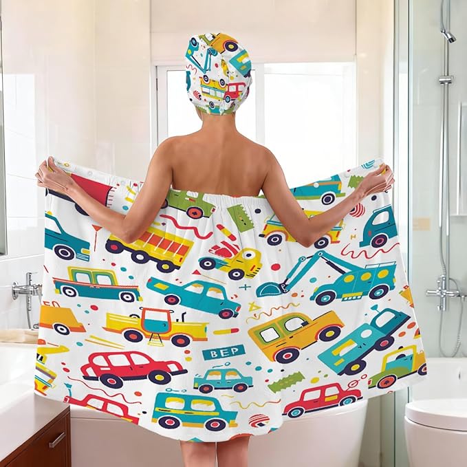 Women Bath Wrap Hair Towel Drying Cap Set Cartoon Colored Truck Cars Soft Absorbent Bathrobe Shower Wraps with Adjustable Closure Spa Bath Robe