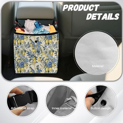 2 Gallons Open-Top Car Trash Can Hanging Car Trash Bag Water Resistant Leakproof Trash Bag Car Accessories for Women Men, Lemon Birds Floral Pattern