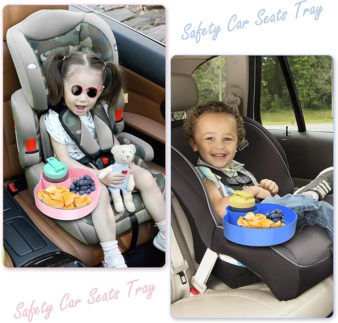 2PCS Car Seat Snack Tray for Kids: Kids Car Tray with Cup Holder, Toddlers Road Trip Essential, Travel Snacks Food Plate for Stroller, Snack Tray with a Cup Holder (Blue&Pink)