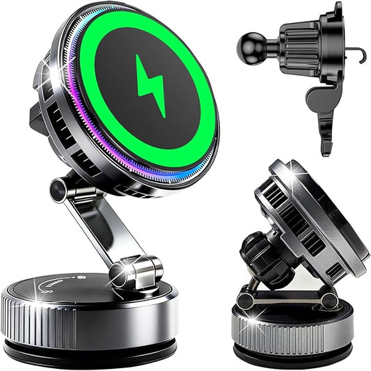 TEC&Fan Cooling Magnetic Wireless Car Charger, For Magsafe Car Mount Fast Charging, Vacuum/Air Vent Car Phone Holder [120LBS Ultra Suction Cup&3000gf Magnet] Dashboard Car Bracket for iPhone/Samsung