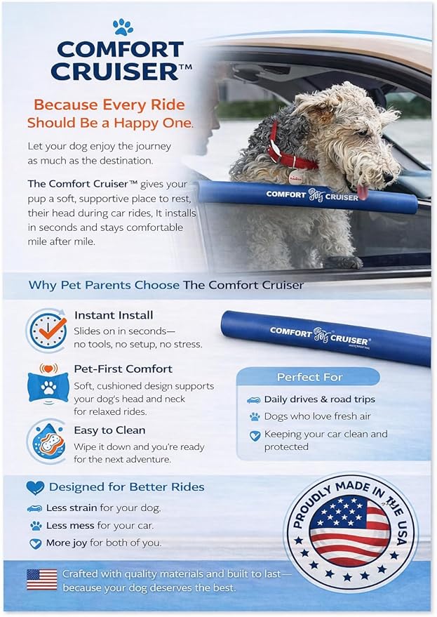 Comfort Cruiser Dog Window Bumper Cushion – 2 Pack, 18” Long, Cut to Fit – Car Window Protector for Dogs Neck & Chin – No Tools Required – Car Dog Products by Dog Bed King