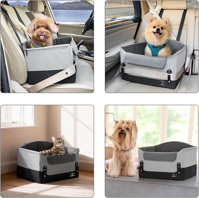 A 4 Pet Dog Car Seats for Small Dogs Under 25lbs – Safety Travel Booster Seat with Patent Buckles, Adjustable Leash – Reduces Anxiety & Road Trips – Frame Support for Cars, SUV, Pickup
