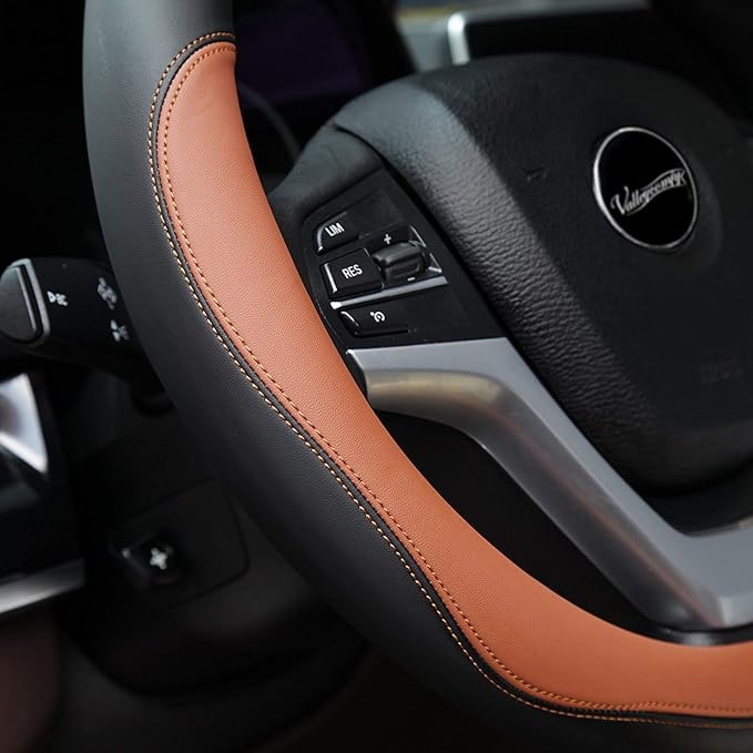 Valleycomfy Microfiber Leather Steering Wheel Cover Large-Size for F150 F250 F350 Ram 4Runner Tacoma Tundra Range Rover Model S X with 15 1/2 inches-16 inches Outer Diameter (Brown)