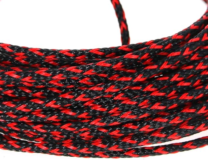 Aicosineg 32.81ft PET Flexible Braided Cable Sleeve 0.12inch Width Wire Loom Sleeving and Organizer Flexible Wire Mesh Sleeve Wrap Protector for TV Audio PC Cords from Pets Chewing Black and Red