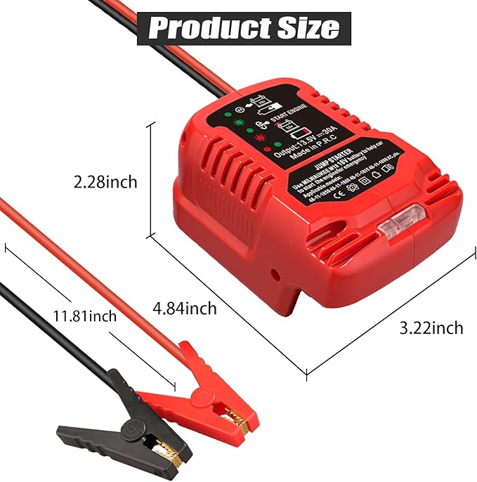 Car Jump Starter Adapter for Milwaukee M18 18V Battery,Portable Car Battery Jumper Starter with 12V Jumper Cable Clamps for 3.5L Vehicles (Not Included Battery)