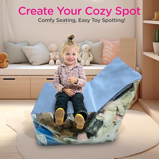 Stuffed Animal Storage Chair – Clear Bean Bag for Stuffed Animals, Toy Organizer Seat with PVC Window & Non-Slip Base for Kids Playroom (Blue)
