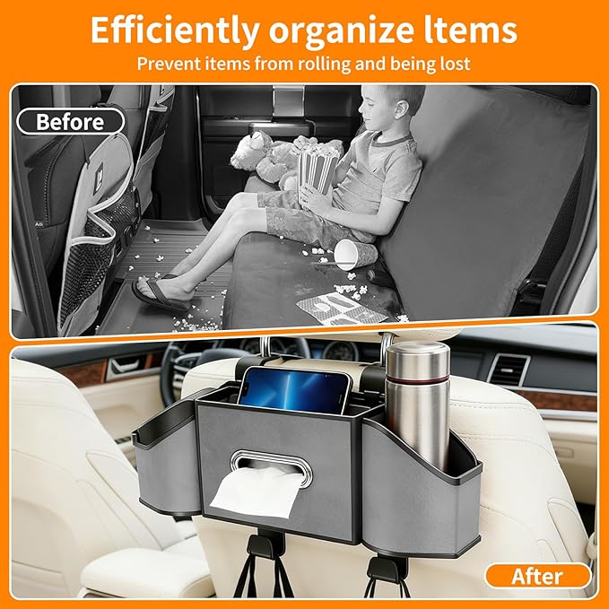 7-in-1 Multifunctional Car Seat Back Organizer, Car Back Seat Storage Box Trash Can & Cup Holder with Tissue Box, Hooks, Universal Fit for Most Cars, SUVs, Trucks (Grey)