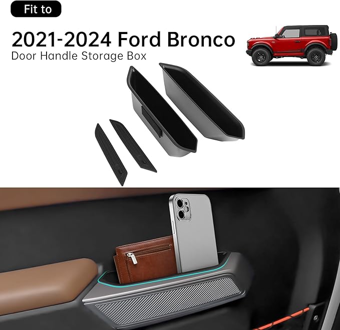 2PCS Front Door Handle Storage Box for Ford Bronco 2021 2022 2023 2024 2025 Accessories Phone Holder Door Grab Pocket Storage Organizer ABS Plastic, Black Mat, Not for Sport