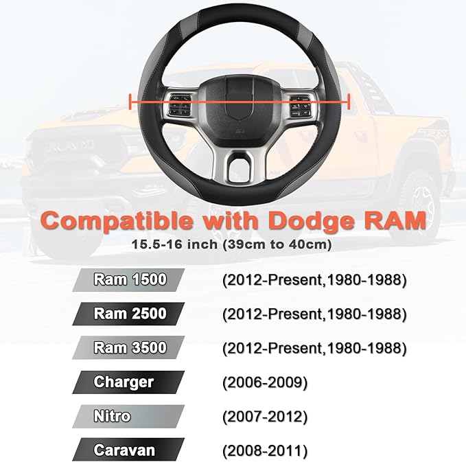 West Llama Customized Auto Car Steering Wheel Cover for Dodge RAM 1500 2500 3500, 15.5-16 inch (Black+Gray-Large Size)
