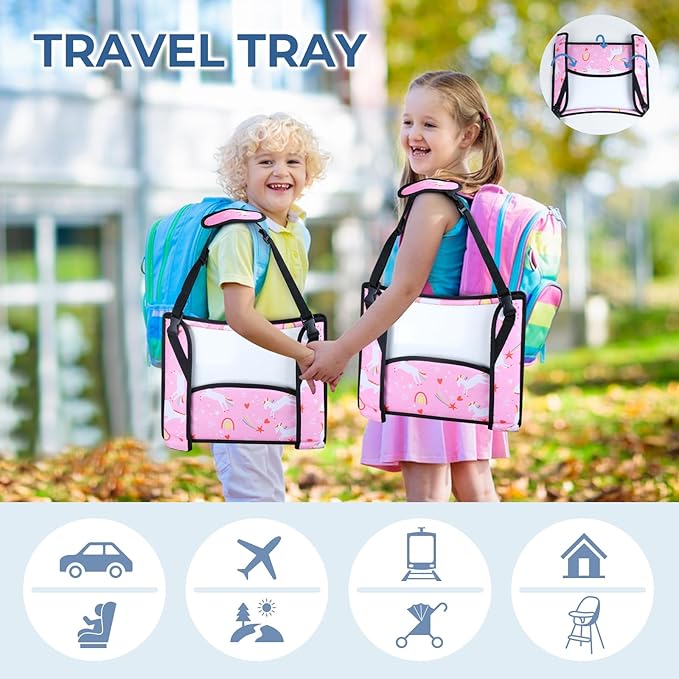 COOLBEBE Kids Travel Tray for Toddler Car Seat, Travel Tray for Airplane, Toddler Car Seat Lap Tray, Carseat Table Tray for Kids (Pink Unicorn, 2Pack)