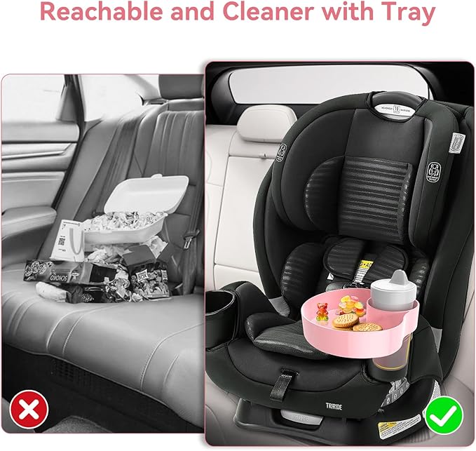 Kids Car Seat Cup Holder Snack Tray - Toddler Travel Essentials for Mess-Free Snacking on Road Trips, Travel Accessory Compatible with Safety Seats & Strollers Console, Pink