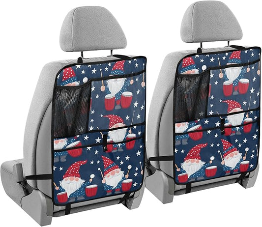 July 4th Gnomes Drum Dark Blue 2 Pack Backseat Car Organizer with Storage Pockets Seat Back Organizers for Kids Kick Mats Backseat Protector Automotive