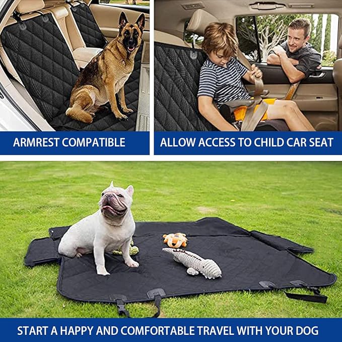BESULEN Dog Car Seat Cover for Back Seat, Waterproof Dog Bench Seat Pad Compatible for Armrest & Seat Belt, Universal Nonslip Durable Soft Pet Backseat Protector for Cars Trucks & SUVs (Black)