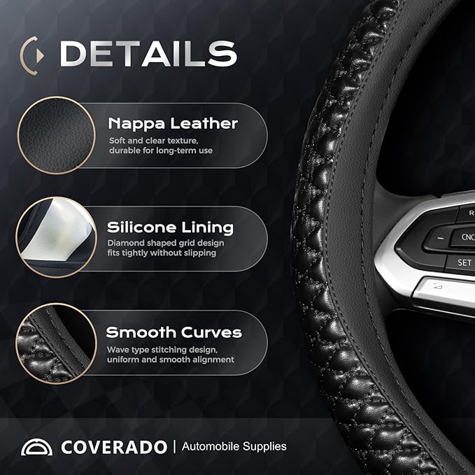 Coverado Car Steering Wheel Cover, Nappa Leather Black Steering Wheel Covers, Universal 14-15 inch, Anti-Slip, Breathable Steering Wheel Protector for Women Men