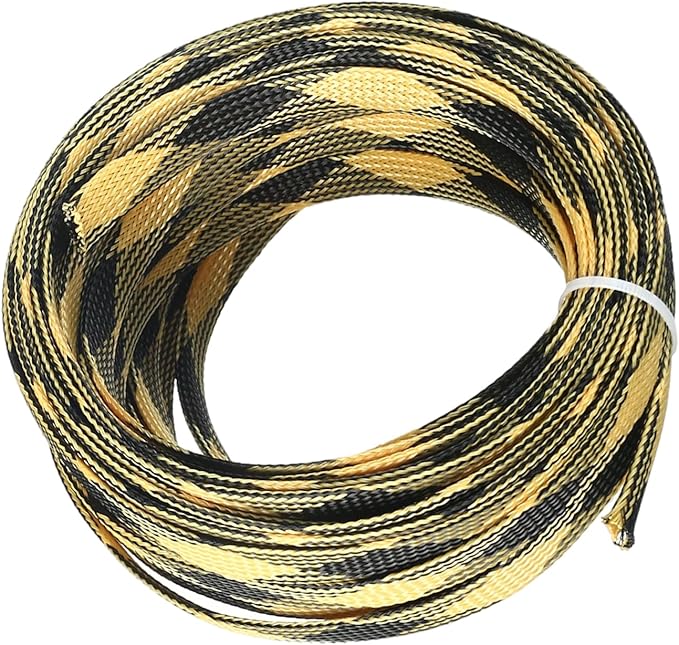 Aicosineg 32.81ft PET Flexible Braided Cable Sleeve 0.44inch Width Wire Loom Sleeving and Organizer Flexible Wire Mesh Sleeve Wrap Protector for TV Audio PC Cords from Pets Chewing Black and Yellow