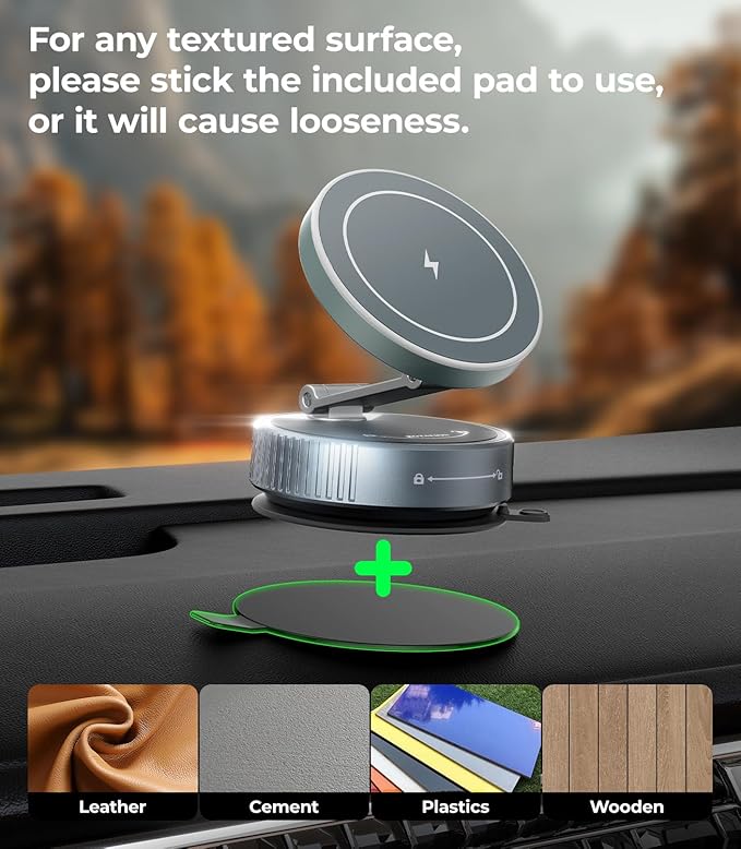 Meifigno for MagSafe Car Mount Charger, 15W Wireless Charger Stand with Vacuum Suction Cup, Magnetic Phone Holder for Car, for iPhone 17 Pro Max 16-12 & Android, 360°Adjustable & Foldable Phone Stand