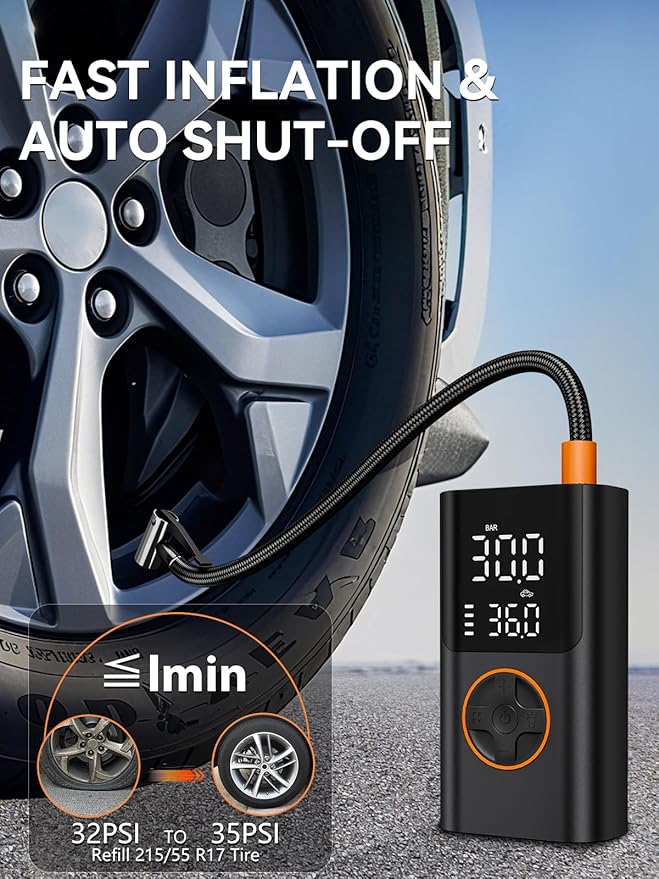 AIRSURE Tire Inflator Portable Air Compressor, Bike Pump with Gauge and USB Charging Output, 150PSI Fast Inflation Portable Tire Inflator for Car Bicycles Motorcycles Scooter Balls