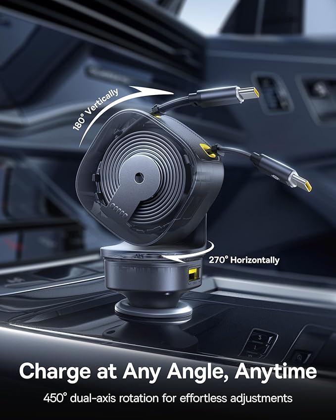 Baseus 163W Retractable Car Charger USB C Fast Charging, PrimeTrip VR2 Max 4 in 1 Fast Car Charger with Dual Retractable USB C Cable for iPhone 17 16 15 Pro Max, Samsung Galaxy S25 Ultra, Android