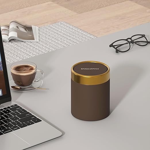 Countertop Trash Can with Lid for Desk Top,0.4 Gallon Stainless Steel Mini Trash Can for Desk、Car、Office、Kitchen,1.5L Swing Top Trash Bin with a Roll of Trash Bag(Brown)