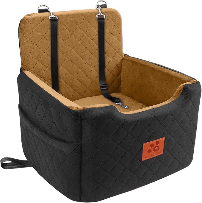 GL GLENSLAVE Dog Car Seat for Small/Medium Dogs Under 35lbs,Memory Foam Dog Booster Seats,Detachable and Washable Traval Pet Car Seat, Dogs Bed with 2 Safety Belts (Black/Coffee)