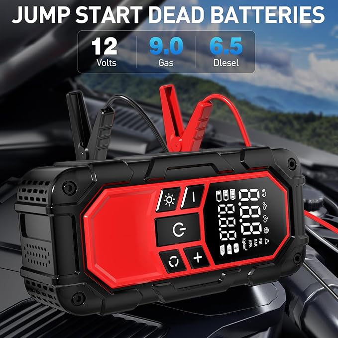 Jump Starter with Air Compressor,Car Battery Jump Starter (9.0 Gasoline/6.5L Diesel) with 150PSI Digital tire inflator Portable,12V Power Pack Car Jump Box Charger with LCD Display, Lights