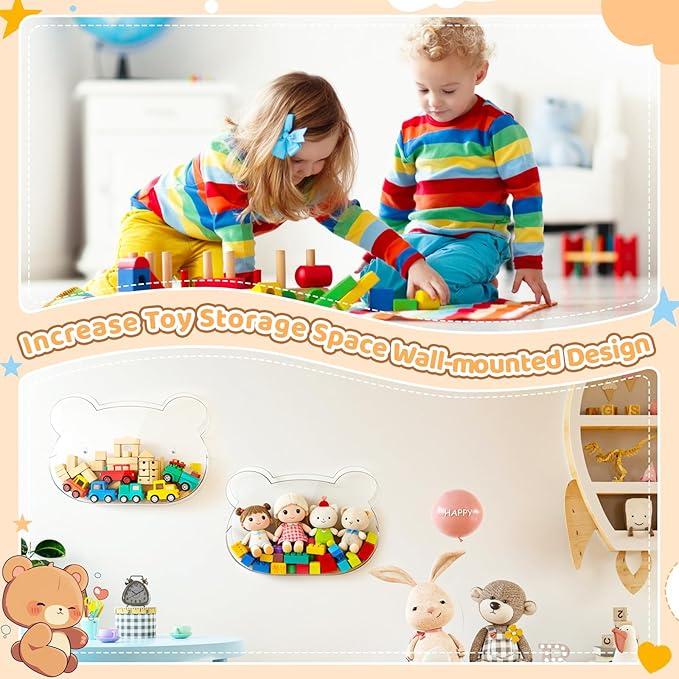 2 Pack Acrylic Wall Organizer, Acrylic Toy Dispenser for Wall, Bear Shape Toy Storage Display with Back Panel Hanging Clear Holder for Blocks, Snacks, Cars