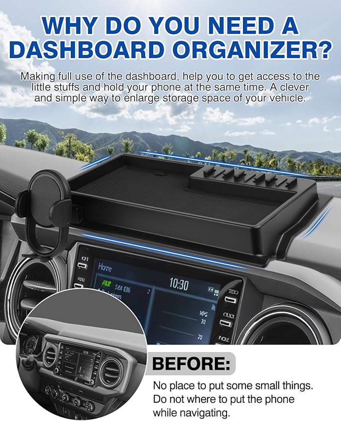 Autorder Phone Holder Mount for Toyota Tacoma 2016-2023 Accessories Center Console Dashboard Organizer with Gopro Mount 360° Rotation Phone Stand with Anti-Slip Mat Hands-Free Shockproof