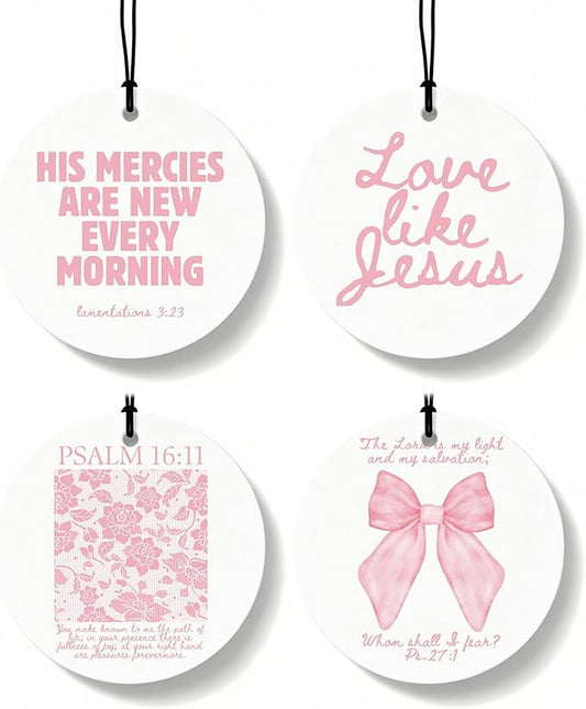 Pink Christian Car Air Freshener 4 Pcs, Inspirational Bible Verse Religious Hanging Air Freshener for Cars Closet Drawer Books, Christian Girly Car Accessories Mirror Decor for Women
