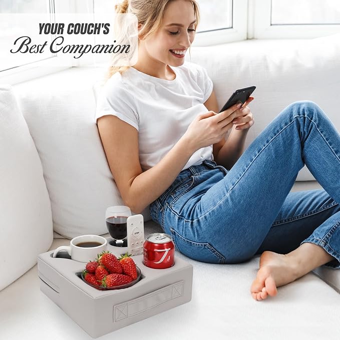 STBoo Couch Cup Holder Pillow - Sofa Drink Cup Holder Cozy Buddy | Bed Caddy Organizer Holds Remote, Snacks, Phones | Waterproof Anti-Spill Sofa Beverage Tray for Car, Pack, Beach, RV, Boat (PUGrey)
