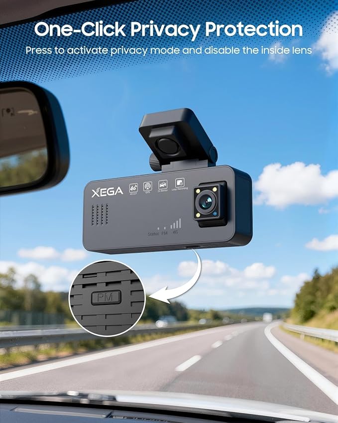 XEGA 2K 4G LTE Dash Cam Front and Inside, Remote Live-View Car Security Camera, No WiFi Needed, Anti-Theft Sentry Mode, Radar Parking Monitor, GPS Tracking, OBD Powered, Built-in SIM (Trial Included)