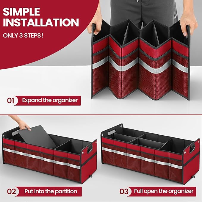 Car Trunk Organizer, Car Storage Organizer, Collapsible Multi Compartment for Car, Suv, Sedan, Truck, 100L, Extra Larger (Red, 100L)