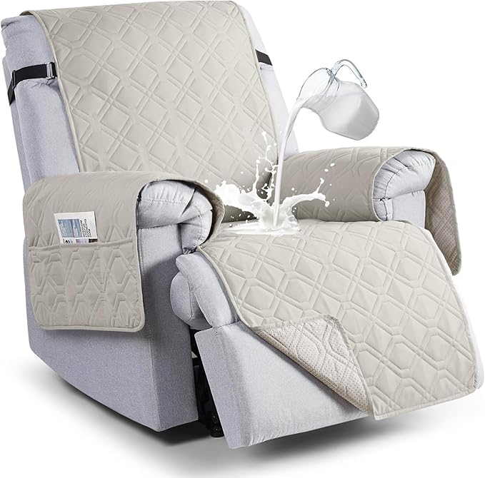 VANSOFY 100% Waterproof Recliner Chair Covers, Recliner Cover Non-Slip Dog Chair Cover Furniture Protector Washable Slipcover with Pocket, Elastic Straps for Pets, Dogs(Beige, 25")