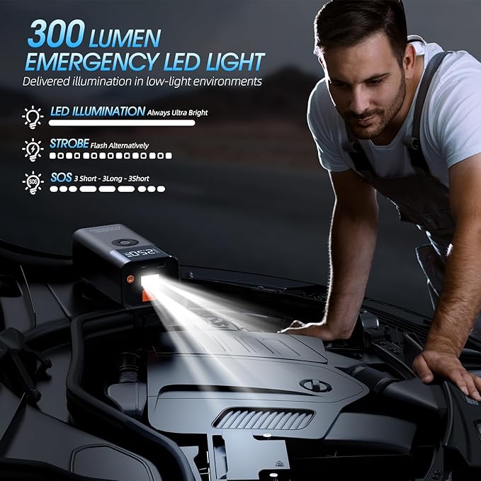 Jump Starter with Air Compressor, LERTIN 2500A 150PSI Portable Car Battery Jump Starter Pack, 12V Jump Box with USB Fast Charge, for up to 9.0 Gas/8.0L Diesel Engine, 3 Modes Lights/Large LCD Display