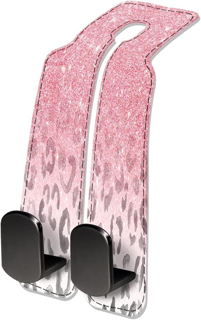 Car Seat Headrest Hook, Universal Leather Cute Hanger Holder Hook, Storage Organizer Interior Accessories for Purse Bags Handbag Pink Glitter Leopard