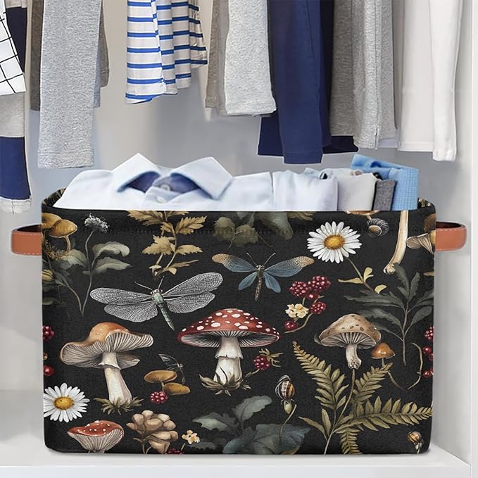 Mushrooms Daisies Storage Baskets for Organizing, Fabric Collapsible Storage Bins Box Forest Plants Decorative Toy Organizer Baskets for Closet Shelves Gift Basket 1 Pc