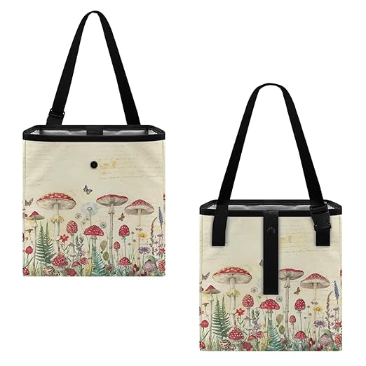Butterfly Mushroom Dandelion Car Trash Bag Hanging, Garbage Bag and Water Resistant Trash Can for Car, Leakproof Trash Can for SUV Truck Car Accessories, Beige