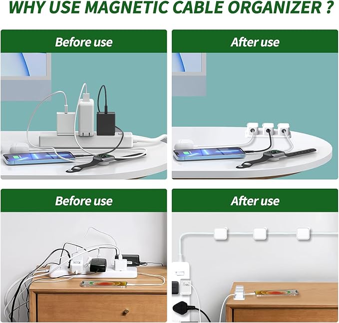 Magnetic Cable Organizer for Desk – Upgraded Wire Clips with Adhesive Base – Desktop Cord Holder for USB, Charging Cables – 6 Clips + 1 Magnetic Base (White)