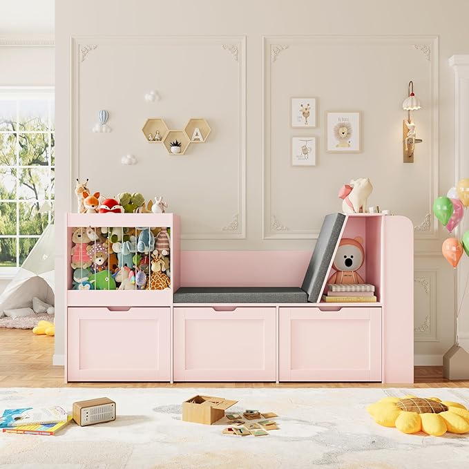 66.9" Kids Reading Nook, Toy Storage Organizer with Stuffed Animal Storage, Bench and Removable Cushions, Wooden Toddler Bookshelf with 3 Movable Drawers for Nursery, Playroom (Pink)