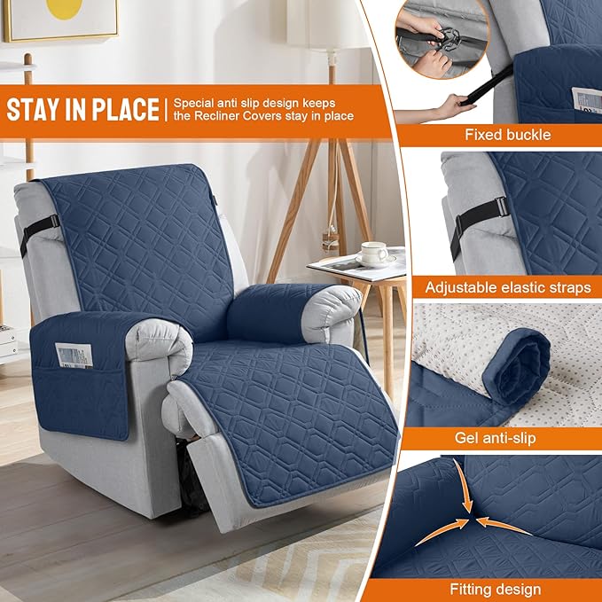 VANSOFY 100% Waterproof Recliner Chair Covers, Recliner Cover Non-Slip Dog Chair Cover Furniture Protector Washable Slipcover with Pocket, Elastic Straps for Pets, Dogs(Navy Blue, 23.6")