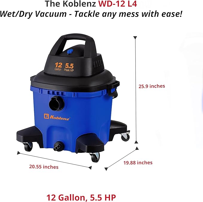 Koblenz Wet-Dry Vacuum, 12 Gallon Tank, 5.5 HP Vacuum Cleaner with 2-1/2" in x 7' Locking Hose, with a Blower Function, Blue/Black, 5 Year Warranty, with Included Accessories, WD-12 L4