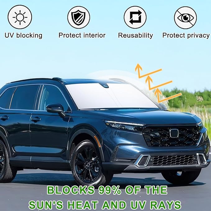 PIMCAR Windshield Sun Shade for Honda CRV 2023-2026, Premium 310T Reflective Polyester UV Blocker, Lightweight Foldable Sun Visor with Storage Pouch