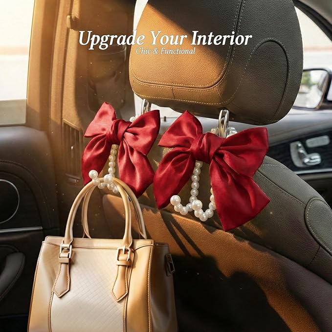 2PCS Satin Bow Pearl Car Seat Headrest Hooks – Car Bag Holder & Vehicle Hanger for Purses – Cute Coquette Aesthetic Interior Decoration – Cute Auto Organizer Accessories Universal (Red)